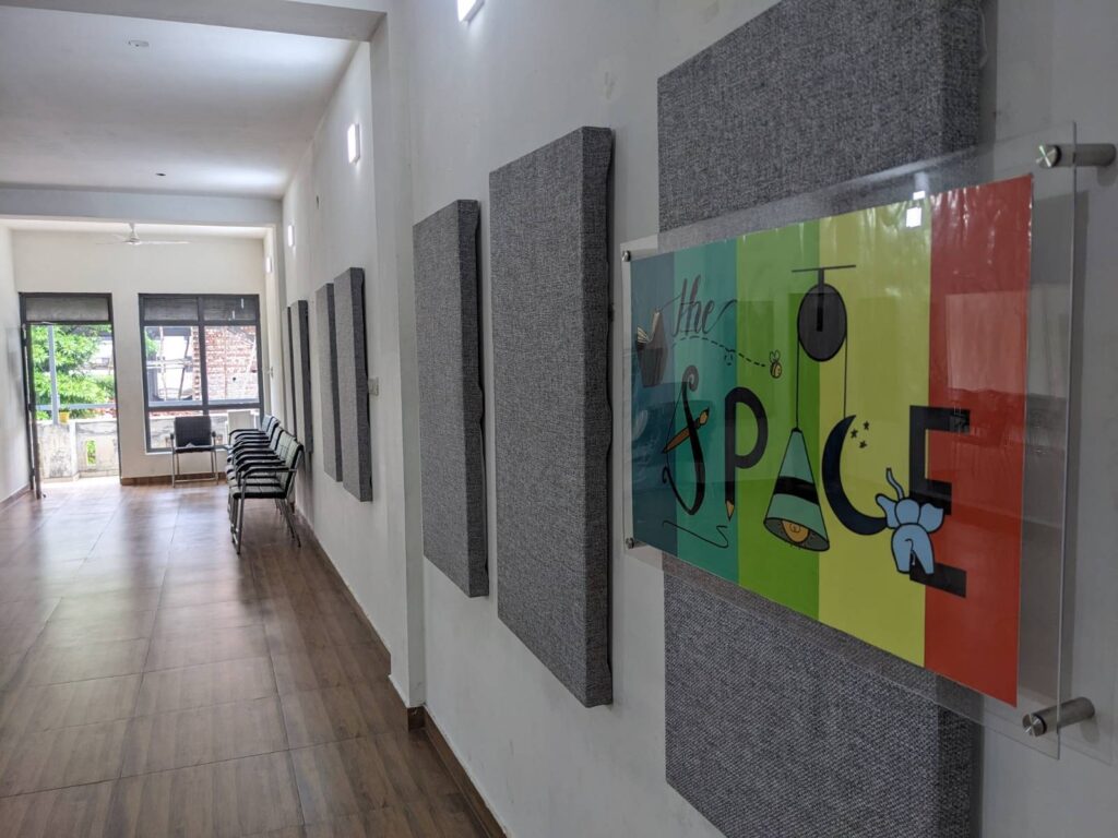 A photo of the Wellness Studio at The Space highlighting the logo for The Space.